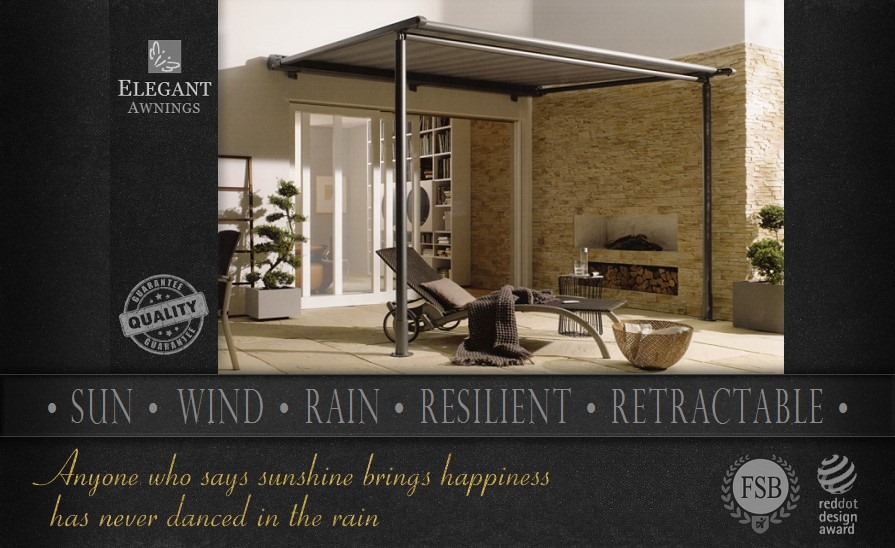All weather awnings offer retractable protection from sun, wind and rain